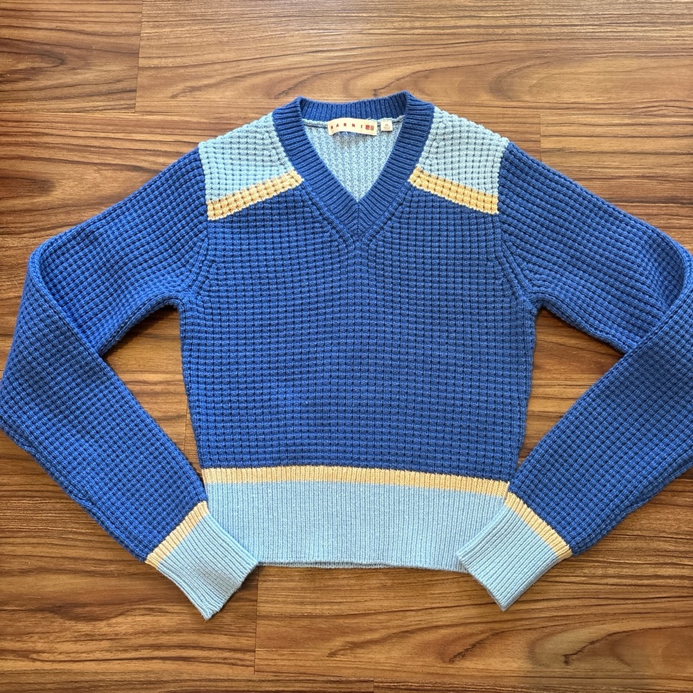 MARNI x Uniqlo Blue and Yellow V-Neck Sweater sz XS